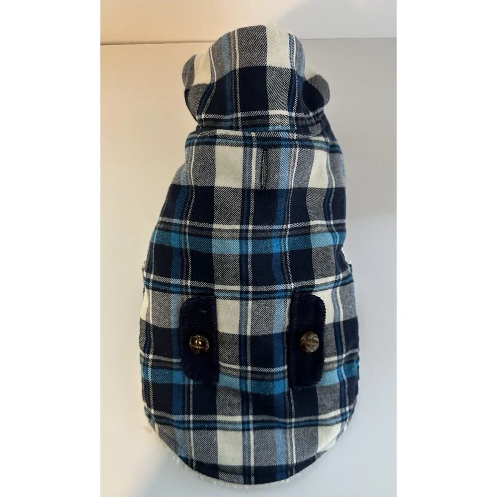Simply Wag Fleece Lined Plaid Dog Jacket Coat Blue Black Pet Size Small
